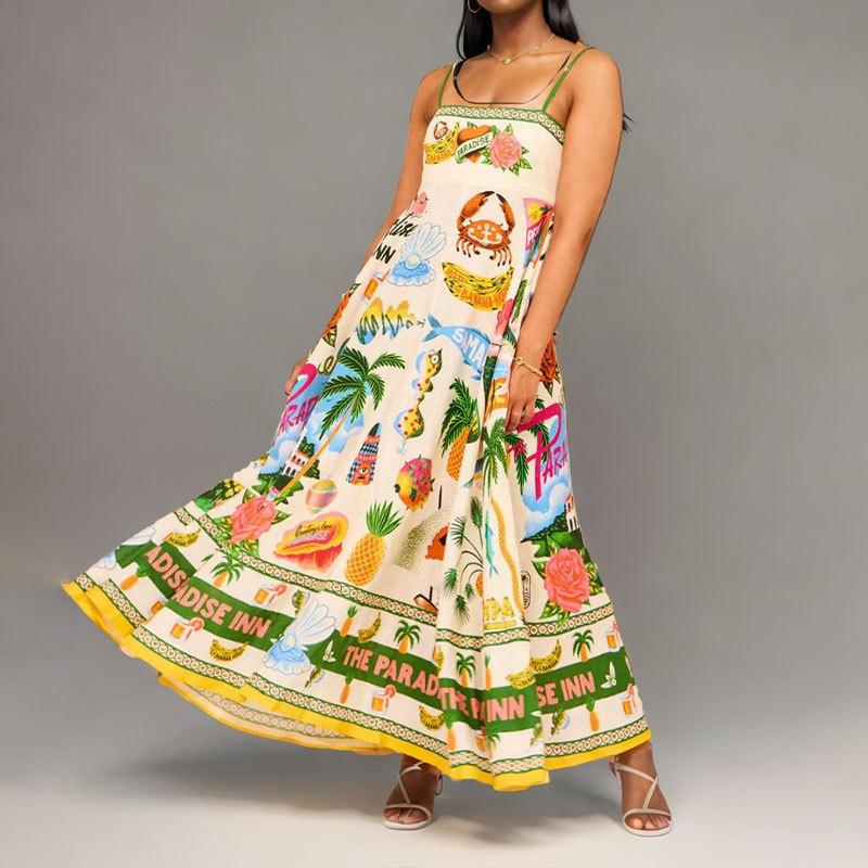 Весенняя женская одежда Новое элегантное платье на бретелях с принтом с высокой талией Повседневное и модное