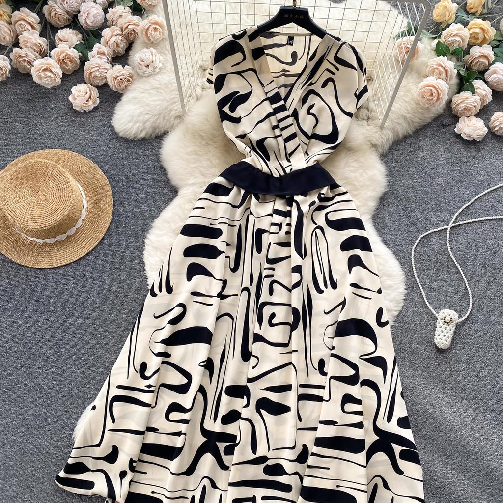 Summer Vintage Women Print Long Dress Elegant V-Neck Sleeveless High Waist A-Line Maxi Vestidos Female New Fashion Robe