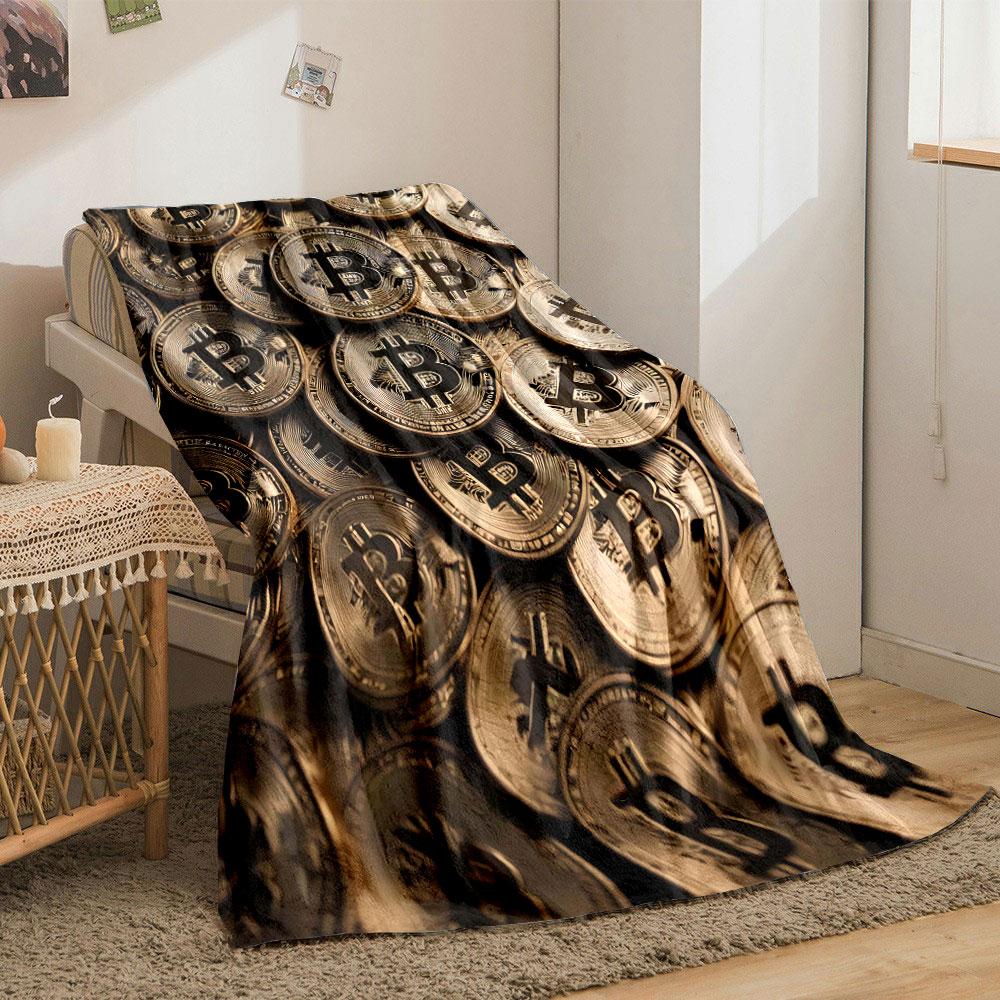 A pile of golden coins with Bitcoin symbols repeating across them. for all seasons blanket lunch break throw gift