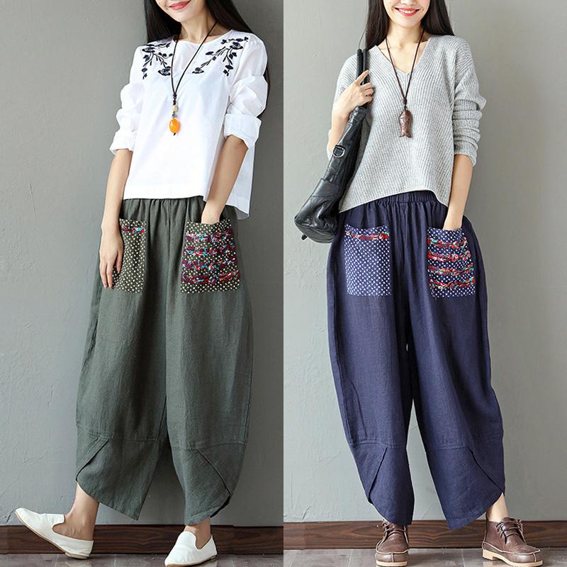 Винтажные женские шаровары в этническом стиле с эластичной резинкой на талии, широкие брюки, мешковатые свободные хлопковые льняные брюки