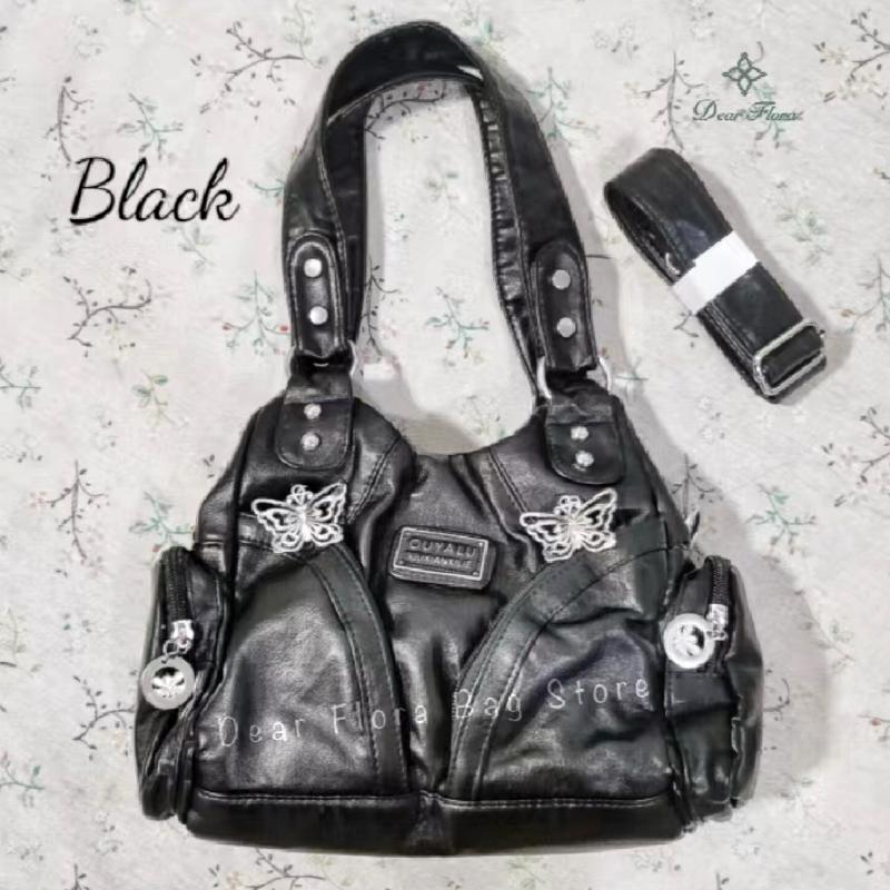 Women's Y2K Vintage Motorcycle Shoulder Bag Fashion Soft PU Chains Multiple Pockets Tote Bags Moto Style Messenger Crossbody Bag