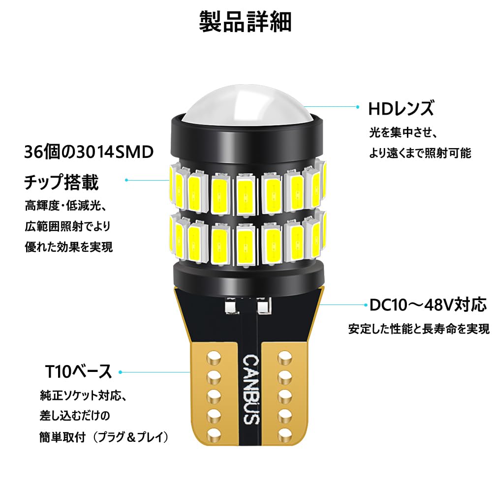 Две светодиодные лампы T10 белого цвета с 36 светодиодами и 1 светодиодом, совместимые с широким диапазоном напряжения от 12 В до 48 В, подходят для автомобиля, без слепых зон W5W, встроенные