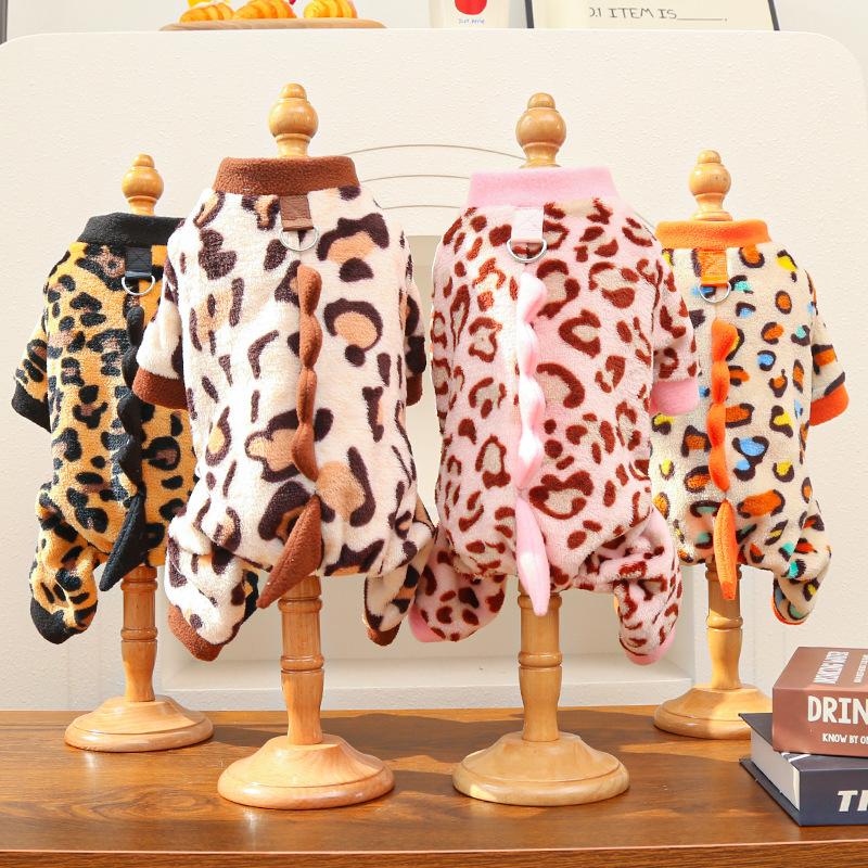 Cat Clothes Warm Leopard Print Dinosaur Four-Legged Dog Clothes Autumn Winter Velvet Clothes Bear Pet Products