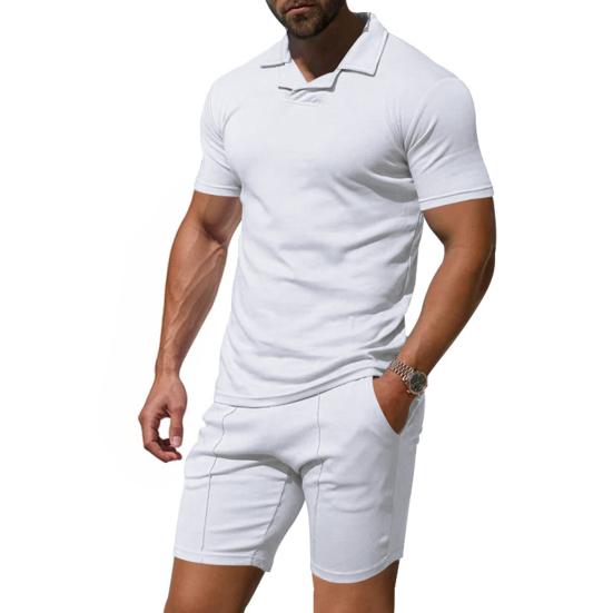 2 шт./комплект мужской наряд пуловер с коротким рукавом отворот топы эластичный шнурок талия карманы шорты комплект однотонная спортивная одежда