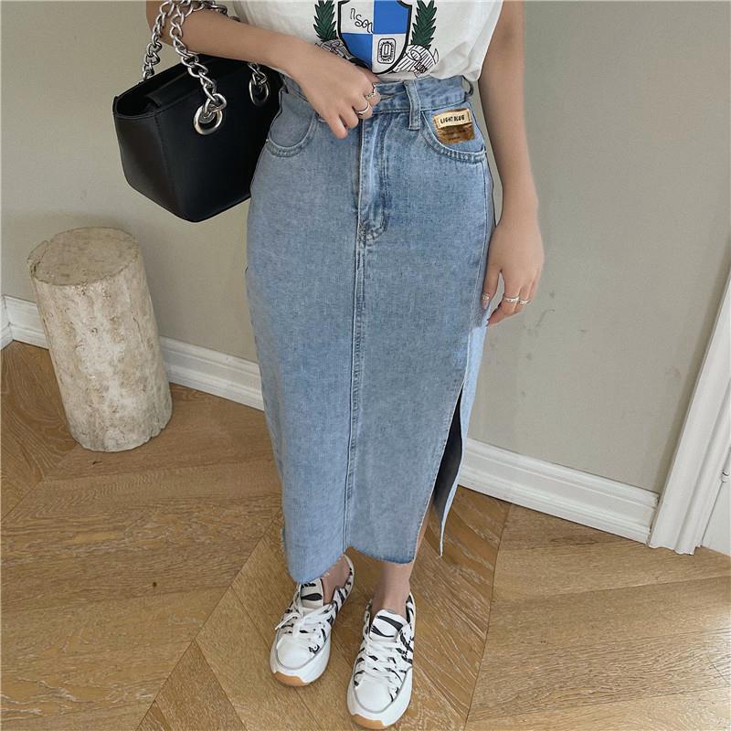 2021 Women's High Waist Slim Fit Denim Midi Skirt with Side Slit