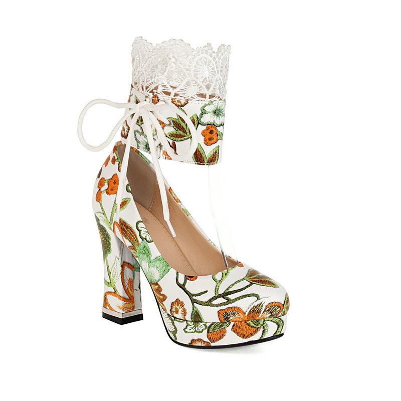 Туфли на высоком массивном каблуке с круглым носком и принтом, женская свадебная обувь на массивном каблуке в стиле ретро со шнуровкой, женская обувь на очень высоком каблуке