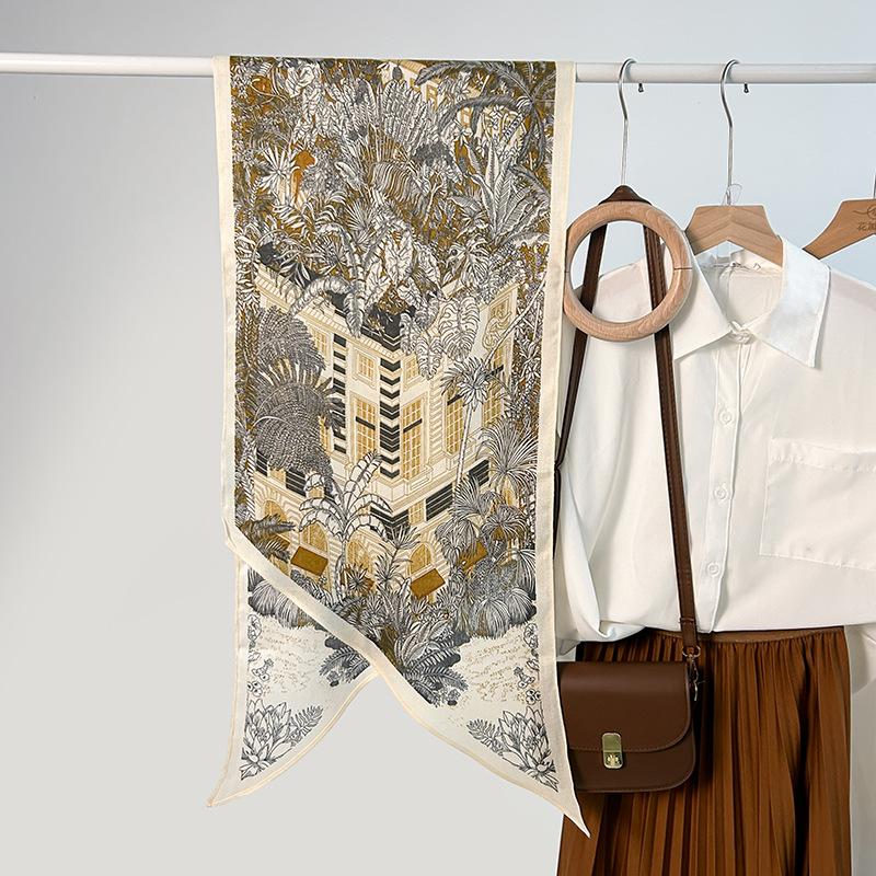 New Parallel Scarf Simulation Silk Scarf Spring and Autumn Women's Thin High-end Plant Flower Printed Scarf