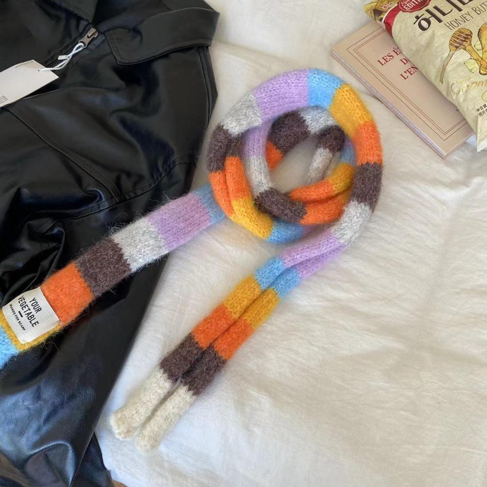 Y2K Sausage Thin Scarf With Warm Color Splicing Contrast Rainbow Color Scarf Winter