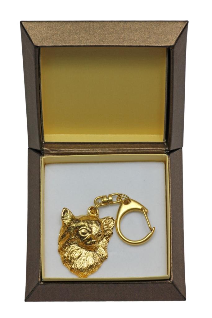 Chihuahua Long-haired - Gilded Key Ring with Dog In Gift Box, Handbag Decoration, Luxury Accessory by Art-Dog Brand