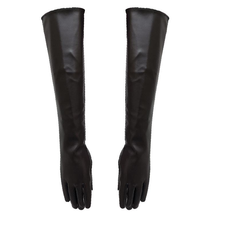 Fashion Lady Solid Color Faux Leather Full Finger Long Arm Gloves Stage Mittens