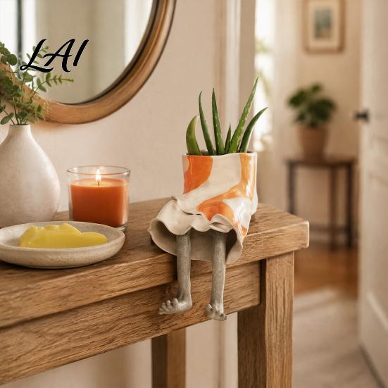 Artistic Gardening Gift Cute Leggy Planter Sitting Human Resin Planter with Legs Shelf Sitter Office Desk Plant Ornament Pot for Succulents