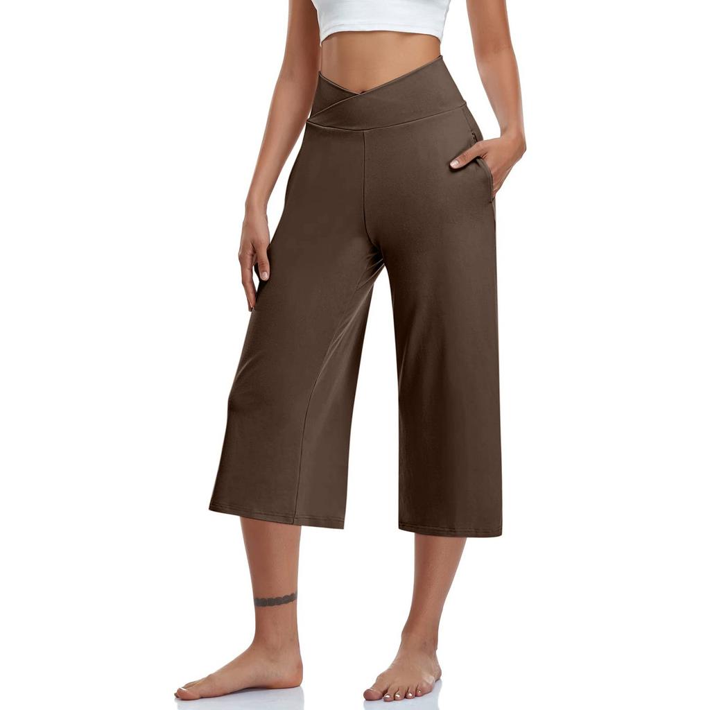 Women  Elastic High Waist 3/4 Pant Casual Active  Fit Wide Capris Leg Pants Trousers With Pockets