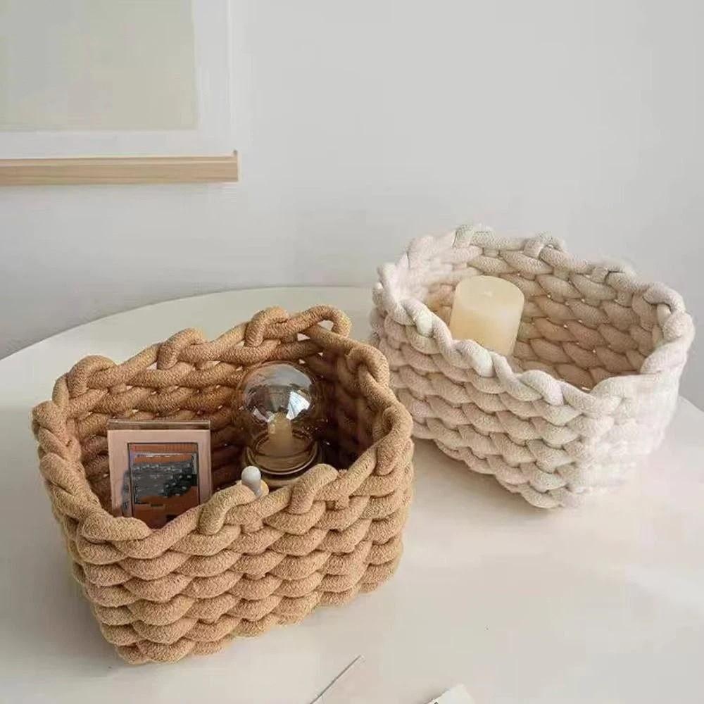 Hand-woven Woven Basket Rectangular Cotton Rope Basket Practical Toy Storage Basket Living Room