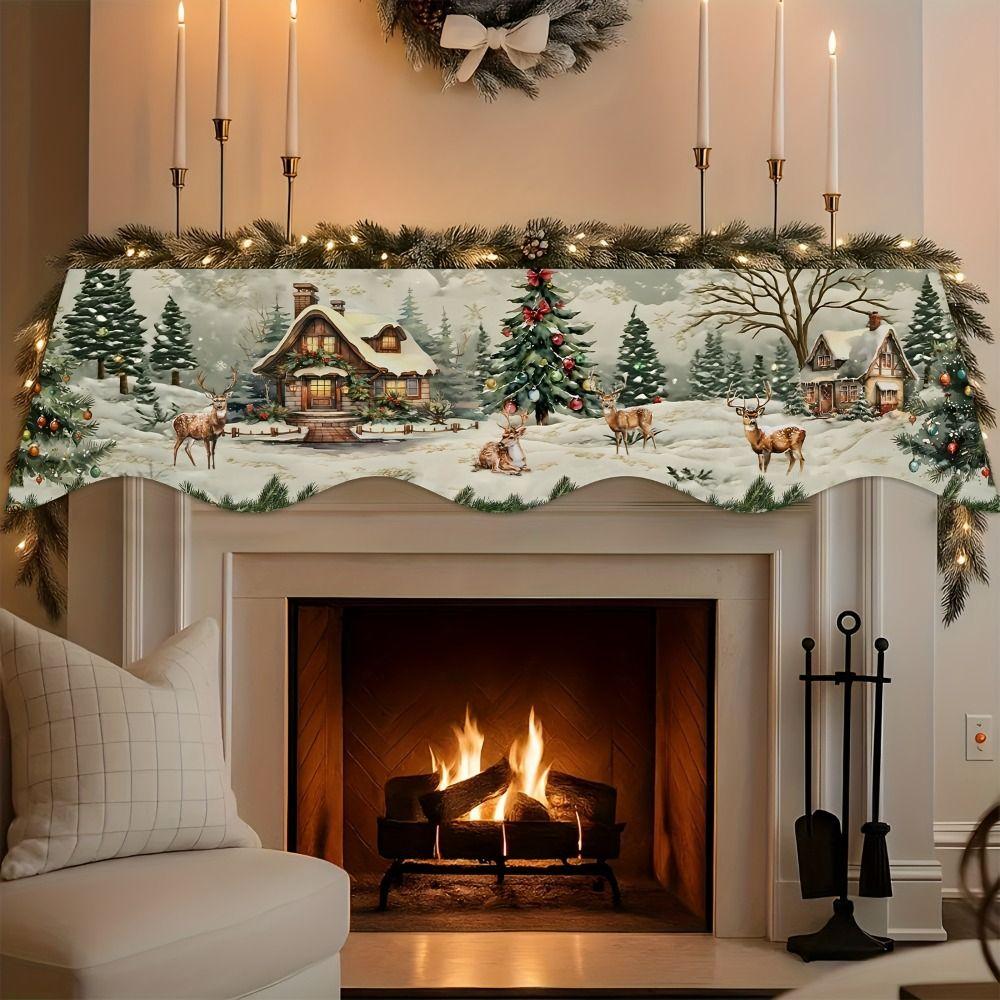Snow Landscape Christmas Fireplace Mantel Scarf Snowman Fireplace Shelf Cover Christmas