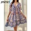 JPNTKY Women's Fashion Summer Spring Floral Print Short Sleeve V-Neck Casual Dresses