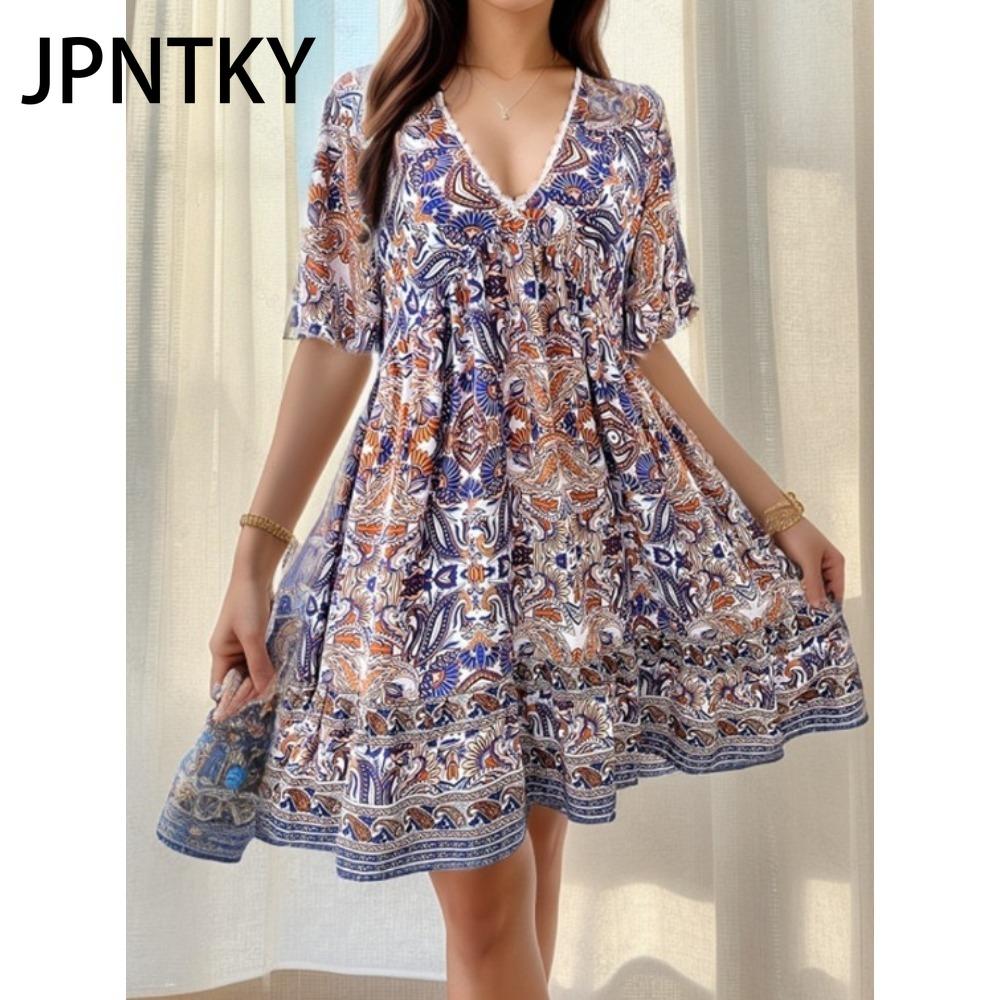 JPNTKY Women's Fashion Summer Spring Floral Print Short Sleeve V-Neck Casual Dresses
