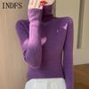 INDFS Women's Fashion Casual Fall Winter Solid Color Print Long Sleeve High Neck