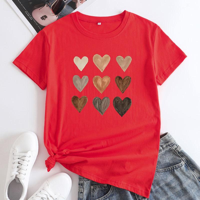 Women's Heart Print Crew Neck Loose Short Sleeve Sports Casual Top For Summer