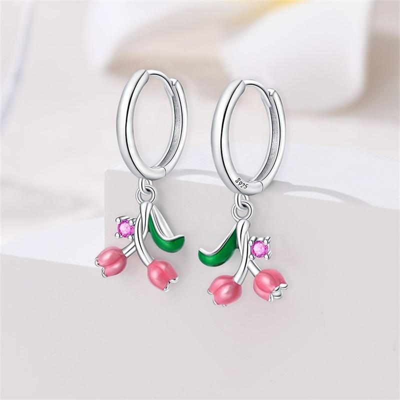 New 925 Silver Bee Butterfly Pink Lily Lotus Earrings For Women Cherry Strawberry Ear Studs Elegant Party Jewelry