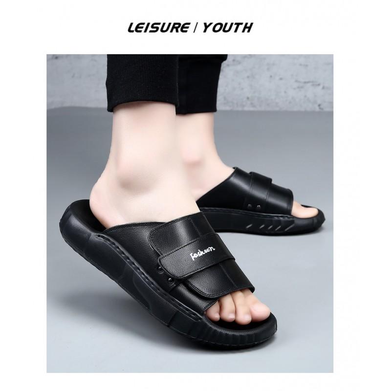 Mens Genuine Leather Slide Sandals Outdoor Slip-On Flat Shoes With Non-Slip Sole