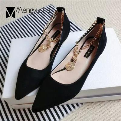 Мода 34-43 Плюс Размер металлическая медаль цепочка балетки женские остроносые мокасины zapatillas mujer нубук флок мокасины обувь женские кроссовки