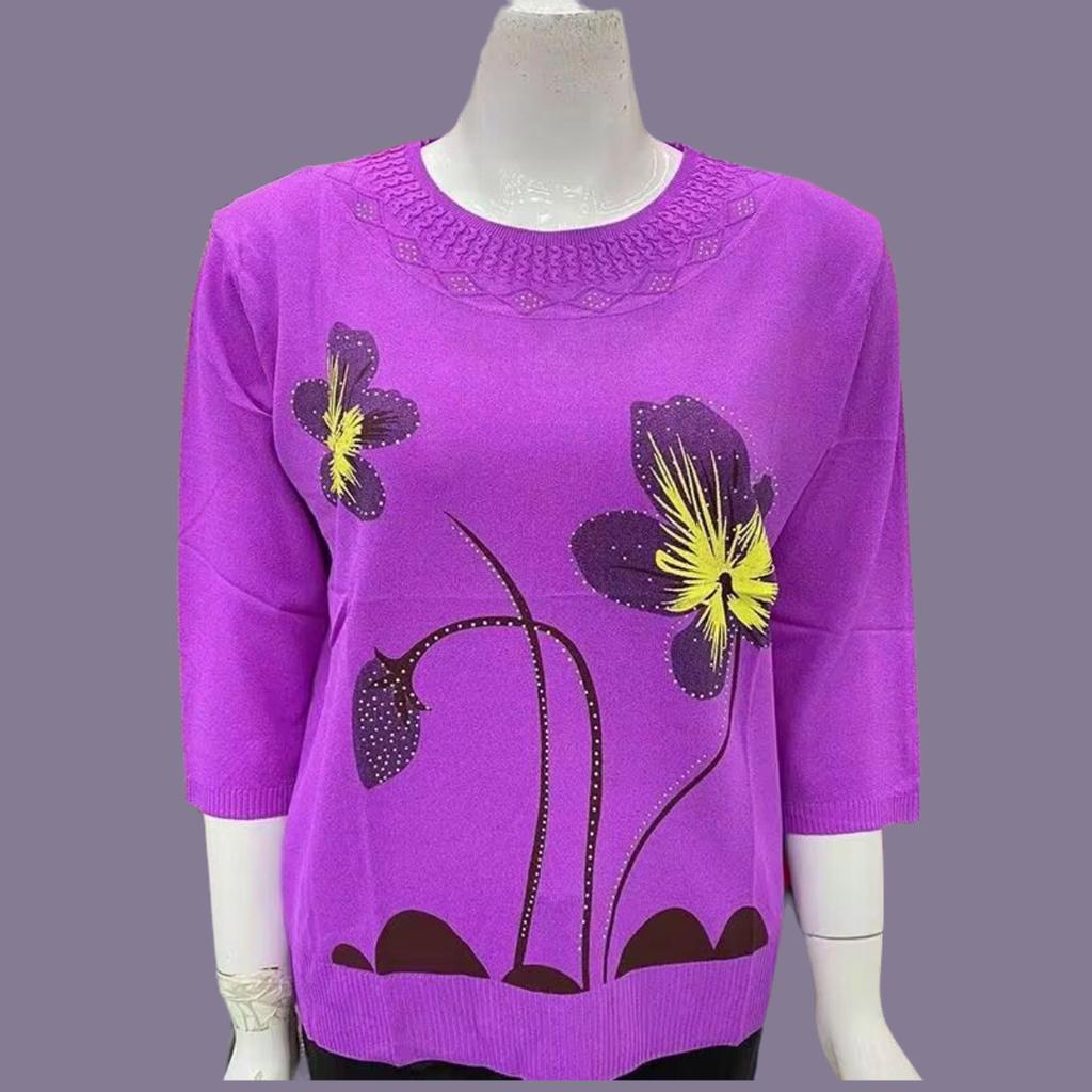 Spring Summer Women's Ice Silk Plus-Size Sweater Thin Round Neck Loose-Fit Printed Pullover Sweater 3/4sleeve Knitwear