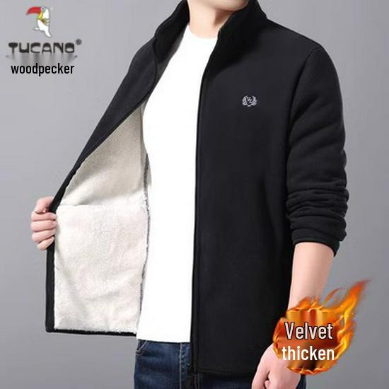 Woodpecker Men's Fleece-Lined Cardigan: Autumn/Winter Casual Stand-Up Collar Jacket
