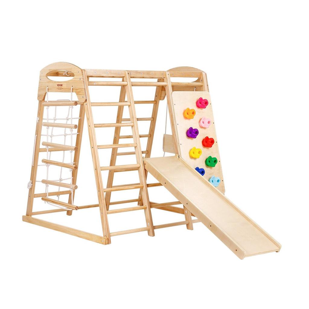 Indoor Jungle Gym, 7-in-1 Toddler Indoor Playground, 109 x 120 x 119.5 cm, with Wood and Rope Ladder, Net Ladder, Swing, Monkey Bar, Slide, Climbing