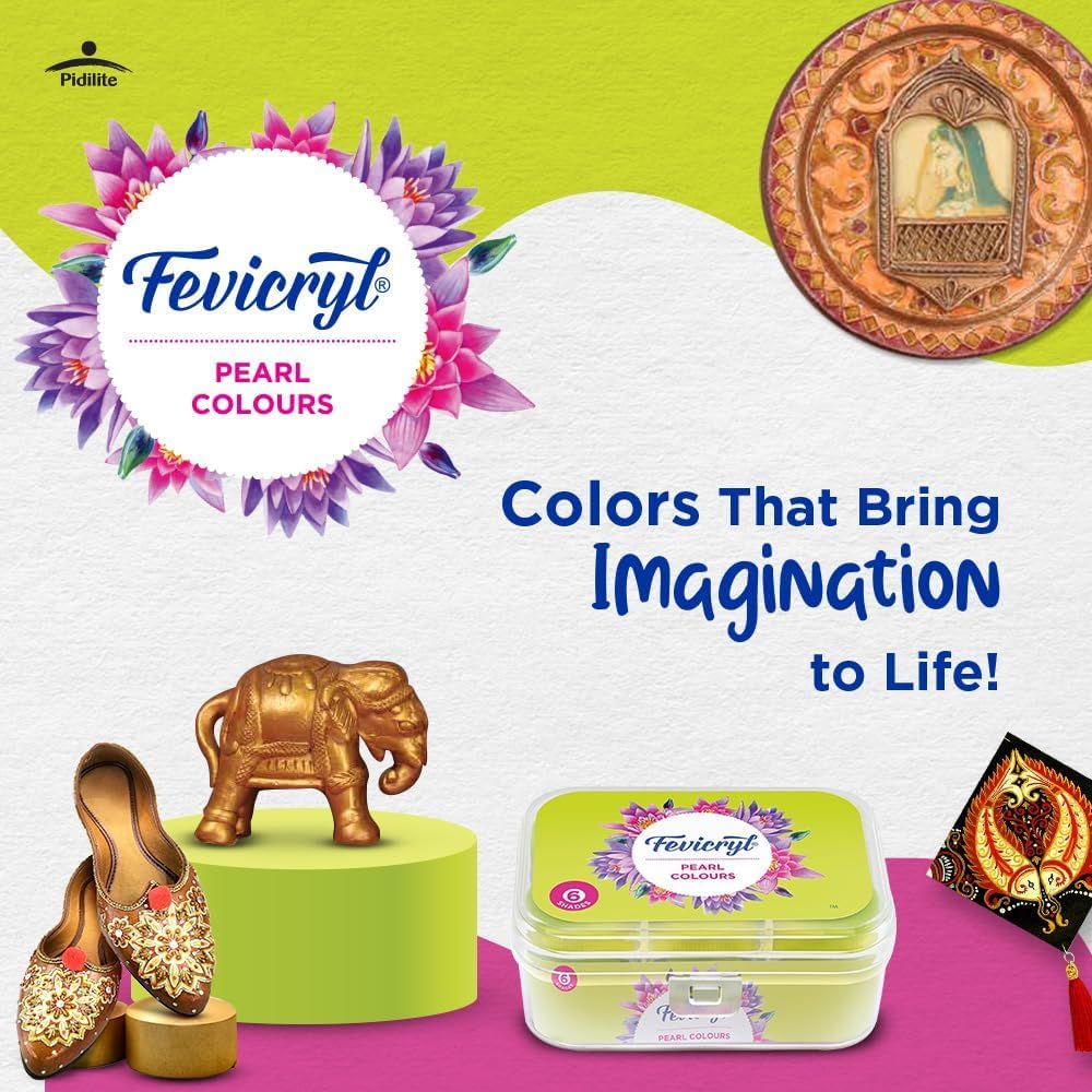 Fevicryl Acrylic Colours Pearl Kit 6 x 10 ml DIY Pearl Acrylic Paint Set Multi Surface for Canvas Wood Leather Metal