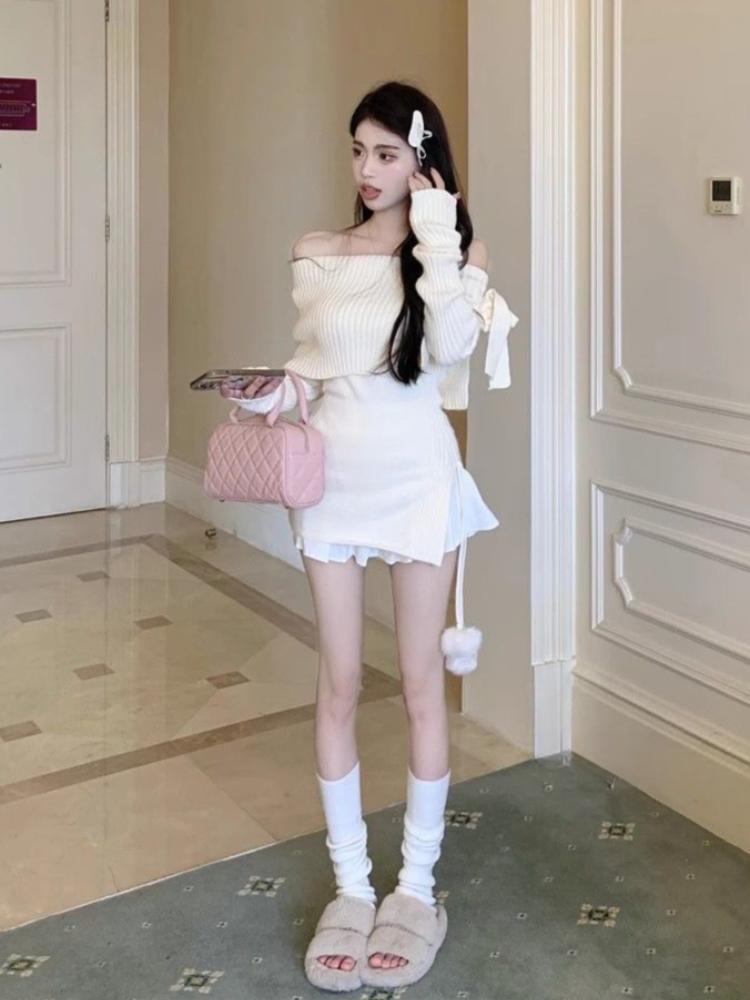 Сплошной свитер с открытыми плечами и милым бантом для женщин, трикотажные тонкие элегантные топы Y2k, женские корейские модные повседневные пуловеры 2024