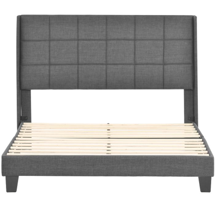 Lit rembourré - MUVOE - 140x200 cm - Lin gris - Matelas à ressorts inclus - Design intemporel