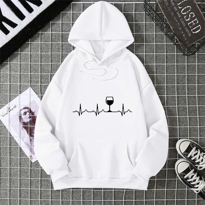 Wine Heartbeat Print Hoodie Sweatshirts Women Long Sleeve O Neck Loose Hoodies Ladies Pullovers Warm Pocket Hooded Jacket