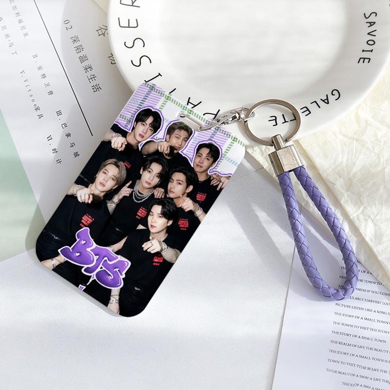 BTS Sliding Photocard Holder, Protective ID Badge Card Case with Braided Keychain Strap, Student Campus Bus Meal Card Protector Merch for ARMY
