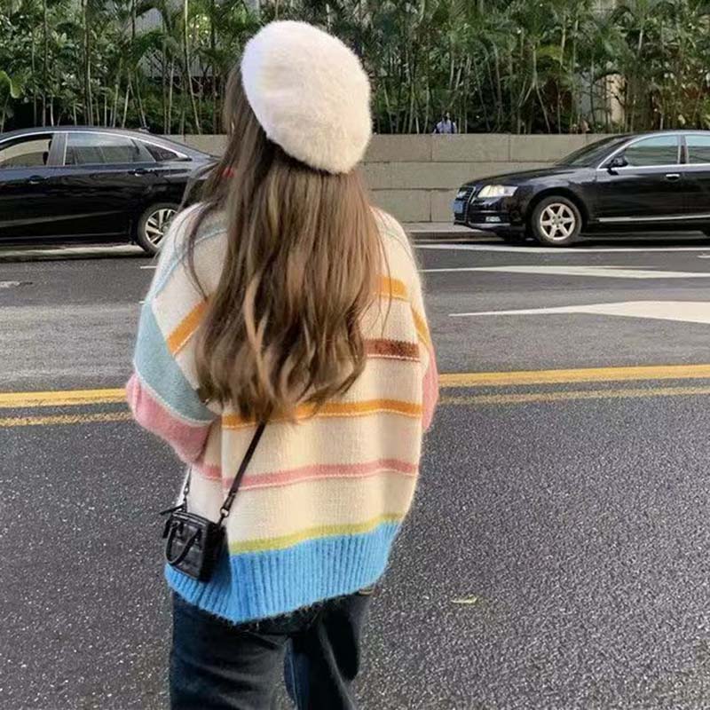 WTEMPO Радужный полосатый женский свитер, милый, с круглым вырезом, вязаный пуловер, джемпер с длинным рукавом, укороченные свитера