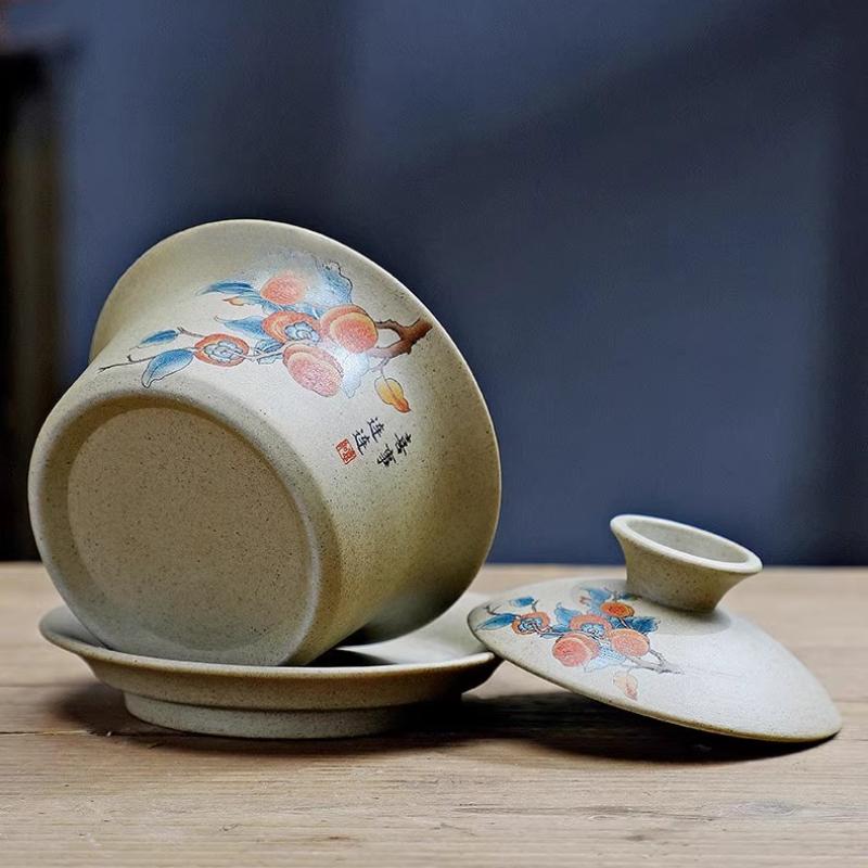 Coarse Pottery Covered Bowl Purple Clay Tea Making Bowl Kung Fu Tea Set Hand-held Bowl Sancai Gaiwan Home and Office Tea Maker