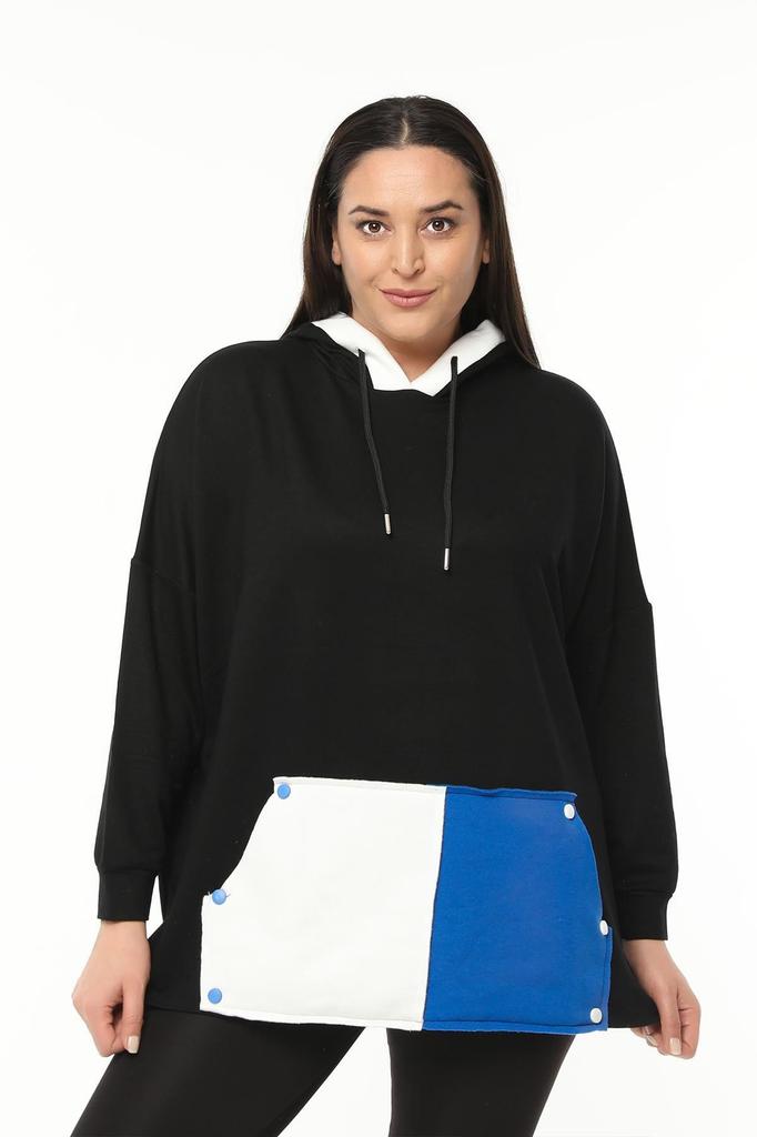 Women's Style Big Size Sweatshirt Large Size Extra Comfortable Colored Kangaroo Pocket Black Sweatshirt