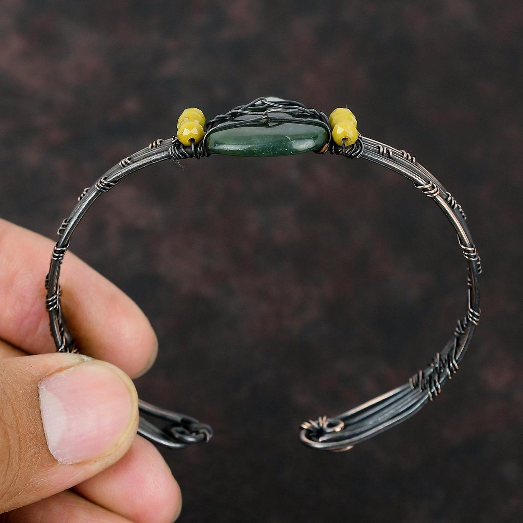 Браслет-манжета из зеленого нефрита, браслет из желтого коралла, браслет из медной проволоки, ювелирные изделия из медной проволоки, регулируемая манжета, браслет ручной работы, подарок для нее