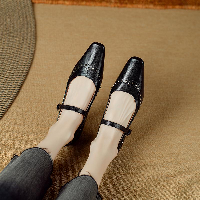 Мода 2025 Новые Весенние Женские Туфли Квадратный Носок Женская Обувь Ретро Мелкие Натуральная Кожа Женские Туфли Овчина Мэри Джейнс