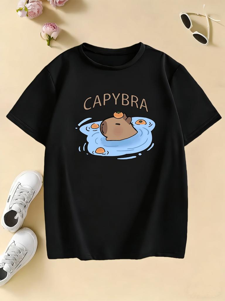 Childrens Swim Capybara Print Design T Shirts Short Sleeve Tees Cartoon Kids Childrens Tshirt Boys Girls Summer Spring