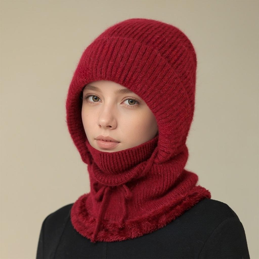 Women's Scarf Face Mask One-piece Knitted Hat With Thick Velvet Insulation And Warm Woolen Hat