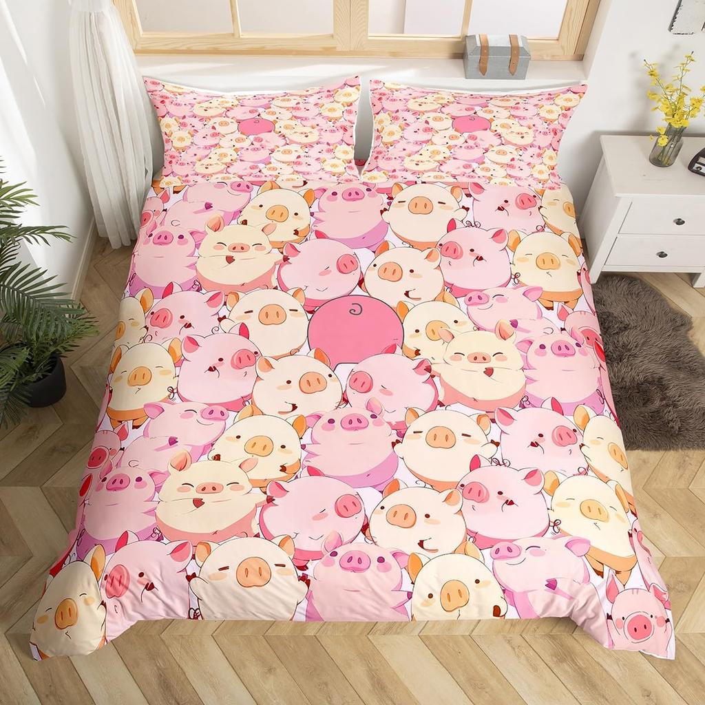 Pink Pig Duvet Cover For Girls Kawaii Room Decor Twin, Rose Floral Leaves Comforter Cover Cute Farm Animal Cartoon Bedding Set