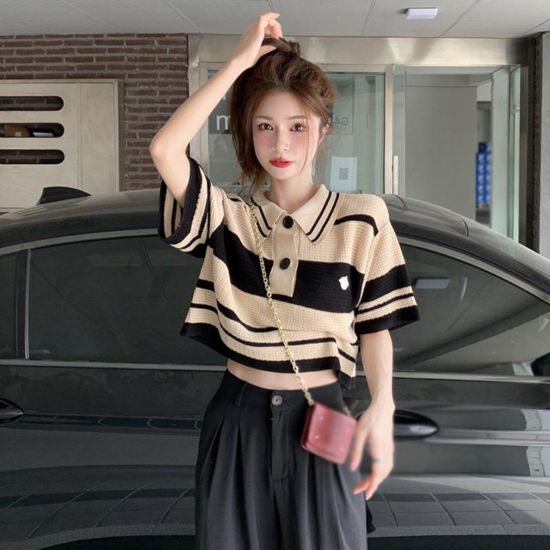 Летняя полосатая свободная повседневная рубашка-поло в стиле ретро с тонким воротником-поло, короткая вязаная футболка, женский топ