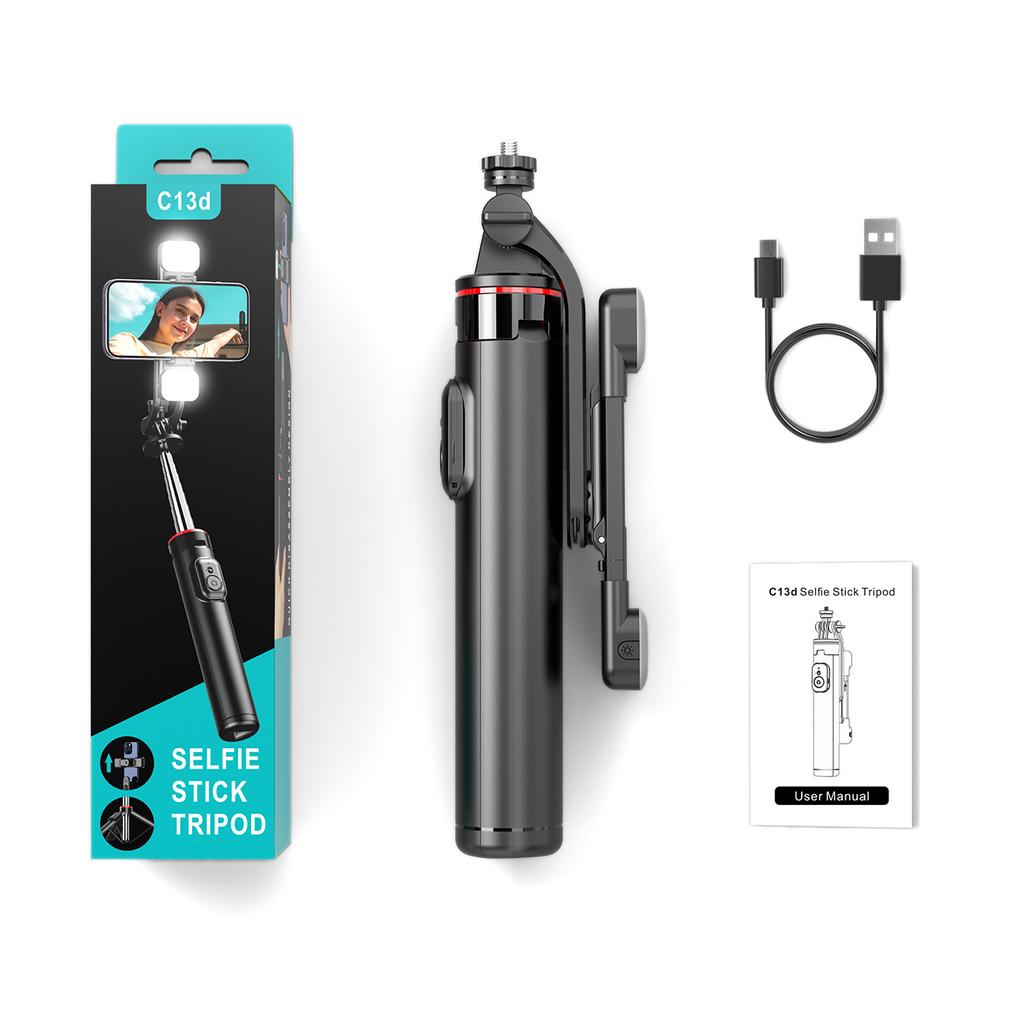 Selfie Stick WC13YDS Telescopic Tripod 4.3ft with Dual Light & Phone Holder - Black