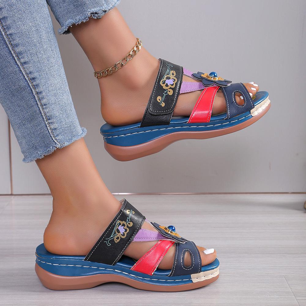 Женские сандалии большого размера, сандалии и тапочки на толстой подошве в этническом стиле с цветами в стиле тотем