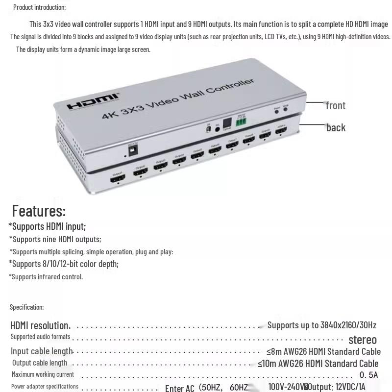 4K HDMI Процессор видеостены 3x3 - Поддерживает режимы 9/12/16 экранов для отображения на большом экране