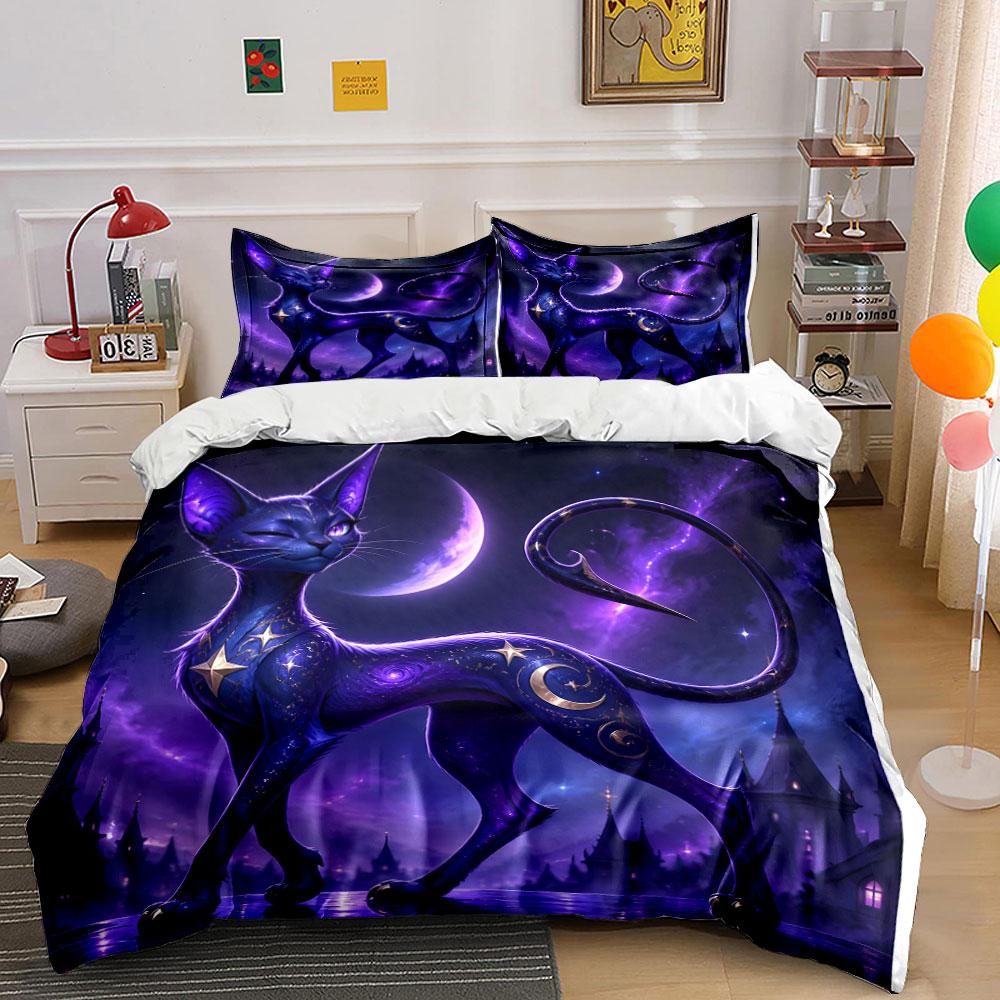 Enchanted Purple Cat in Moonlit Night Print Bedding Set 1 Duvet Cover 2 Pillowcases for Adult and Children Luxury Gift