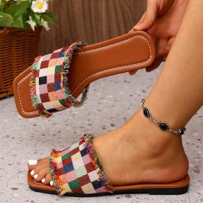 Летние женские тапочки брендовые дизайнерские тапочки в этническом стиле на плоской подошве повседневные тапочки для отдыха с квадратным носком и открытым носком универсальные Zapatillas Mujer