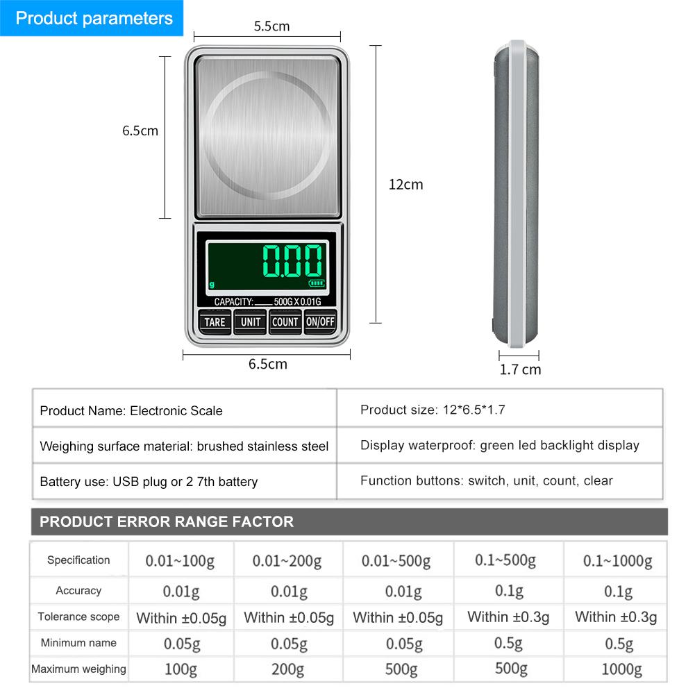 Portable Electronic Jewelry Scale 0.01g 100g/200g/300g/500g/1000g USB Plug-in Pocket Scales