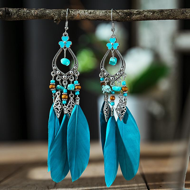 Bohemian Feather Long Drop Dangle Earrings For Women Enamel Heart Flower Irregular Stone Wooden Bead Handmade Earrings Jewelry