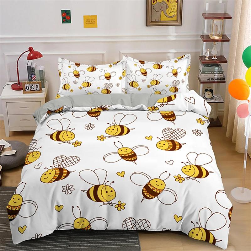 Cartoon Bee Duvet Cover Lovely Yellow Flying Animals Theme for Kids Boys Girls Gifts Women Beautiful Flowers Bedroom Decoration